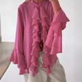 Camicetta rosa in chiffon con eleganti volant e maniche a campana per le donne - S / Rosa Rosso