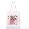 White canvas tote bag featuring two cute cartoon owls on a pink heart base - Style C5 / No Zipper No Inner Pocket
