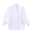 Witte popeline dames blouse met elegante pofmouwen en een klassieke knoopsluiting kraag - XS / Wit