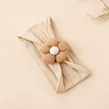 Detail of baby nylon headband with knit cable pattern and brown corduroy flower accessory - Striped Fabric Flower Style / Cream (4)