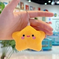 Yellow plush star keychain with embroidered smiling face and silver ball chain accessory - Orange Star with Bead Chain