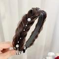 Dark brown fishtail braid headband with white faux pearls on a black base - Pearl Style / Pearl Brown