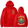 Red Alligator Alcatraz graphic hoodie with kangaroo pocket shown in front and back view - Red