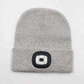 Light grey knitted beanie with integrated LED headlight for adults in plain style - 4-LED Style / Off-White
