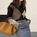 Maglione da donna in maglia con girocollo e motivo a rombi marrone e beige a maniche - S / Nero