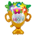 Golden trophy-shaped foil balloon with colorful flowers for World's Greatest MOM celebration - Mother's Day Trophy
