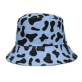 Dettaglio cappello alla pescatora celeste con stampa mucca e cuciture rinforzate sulla tesa - Blu nero