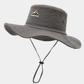 Detail view of grey hiking hat with embroidered logo, metal eyelets and adjustable chin cord - Dark Gray