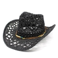 Chapeau de cowboy en paille noire avec motif évidé et cordon orné de perles bleues - M (56-58cm) / Noir