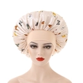 Detail of butterfly print satin sleep bonnet with wide elastic band on head model - Milky White