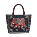 Ethnic tote bag with red elephant embroidery and colorful geometric side patterns - Black Elephant