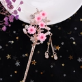 Elegant gold flower hair pin with pink resin petals and crystal fringe tassels - Gold Pink Resin Flower Pearl Tassel (FZ044)