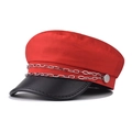 Detail of red newsboy hat with black leather brim and double silver metal chains - M (56-58cm) / Red with Silver Chain
