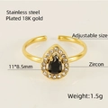 Adjustable 18K gold plated stainless steel ring with a pear-cut black zircon stone - Water Drop Style / Black Zirconia