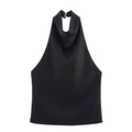 Elegantes schwarzes Satin-Top mit Neckholder, hohem Kragen und fließender Silhouette - S / Schwarz