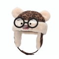 Detail of leopard print winter aviator hat with furry ears and bear face goggles - Coffee Glasses Bear Style (Coffee D)
