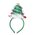 Detail of Christmas tree headband with green sequins, plush balls and golden star topper - Colorful Pompom Headband