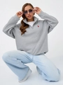 Women's grey quarter-zip fleece sweatshirt with red heart embroidery and casual fit - S / Thin Style / Light Gray