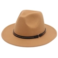 Camel wide brim fedora hat with black leather rivet band and metal ring detail - M (56-58cm) / Camel