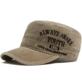 Vintage washed coffee army cap with black embroidery text on a white background - Khaki