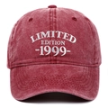 Detail of white embroidery text on washed cotton burgundy baseball cap - Adjustable / Burgundy