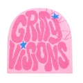 Pink knit beanie with GRIMY VISIONS lettering and blue star pattern in Y2K street style - 1-Pink with Deep Pink Letters
