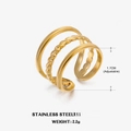 Three-layer adjustable 18K gold plated stainless steel ring with braided and wavy bands - Gold