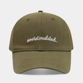 Detailed view of overstimulated embroidery on olive green cotton twill baseball cap - Adjustable / Army Green