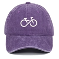 Detailed close-up of bicycle and infinity symbol embroidery on washed cotton baseball cap - One Size / Purple