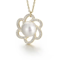 Elegant gold flower pendant necklace with white pearl and sparkling crystals for women - Gold Hollow Floral Pearl Style (KP44959-K)