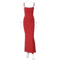 Detail of red slim fit backless slip dress with S-curve silhouette on mannequin - S / Red