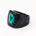 Men's black stainless steel ring with rectangular emerald gemstone and leaf engraving - Black Lake Green Sapphire
