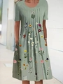Women's sage green midi dress with floral print and round neck featuring a metal pendant - S / Dress (1950 Printed Series) / Green With Floral Twigs