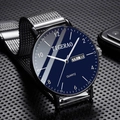 Slim men's quartz watch with deep blue dial, double calendar, and silver mesh strap - 069 Black Mesh Strap Blue Dial