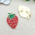 Red strawberry charm pendant with green leaves and gold plated textured back for jewelry making - 1pc Strawberry Pendant 20x28mm
