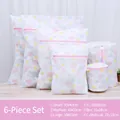 6-piece rabbit print laundry mesh bag set with pink zippers for delicate garment protection - Print - Rabbit Flower