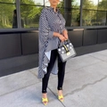 Outdoor street style shot of striped irregular hem long sleeve shirt with modern building - S / Black Gray White