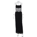 Detail of black halter neck top and ruched maxi skirt set with elegant waist tie ribbons - L / Black
