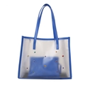 Transparent PVC tote bag with royal blue leather trim and colorful rhinestone studs - Blue