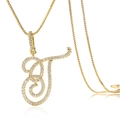 Détail du pendentif lettre T cursive plaqué or avec incrustation complète de zircon - Lettre T