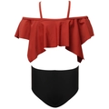 Girls' two-piece swimsuit featuring burgundy ruffle top and high-waisted black bottom - 104 / Burgundy Ruffle Two-Piece Set