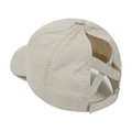 Detail of ponytail baseball cap featuring criss-cross elastic bands and breathable mesh - Khaki