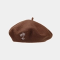 Detail of wool beret featuring a white palm tree embroidery on brown felt fabric - Dark Brown
