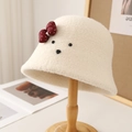 Creamy white plush lamb wool bucket hat with cute red bow and bear face design - M (56-58cm) / Dog Style / Beige