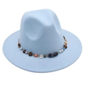 Detail of light blue fedora with bohemian beaded band featuring wood flower accents - One Size / Sky Blue (Obsidian Decoration)