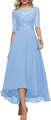 Elegant light blue lace chiffon evening dress with high-low hem and floral embroidery - L (US 12) / Bottoms / Sky Blue