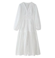 Detail of white long sleeve lace maxi dress featuring V-neckline and hollow lace embroidery - S / White