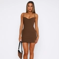 Slim fit brown Y2K cami dress with side slit and matching leopard print handbag - S / Brown