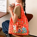 Red and white checkered canvas tote bag with lovely cartoon animal illustrations - Red Gingham Lovely Bear