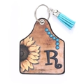 Western faux leather cattle tag keychain with sunflower, letter R and blue tassel - Letter R